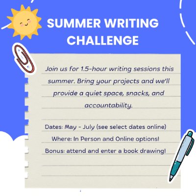 Flier for Summer Writing Challenge, lined paper and a blue sky with clouds and a cartoon sun with the same date and time info.